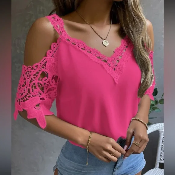 New!! Boho hot pink lace cold shoulder top - Picture 6 of 7
